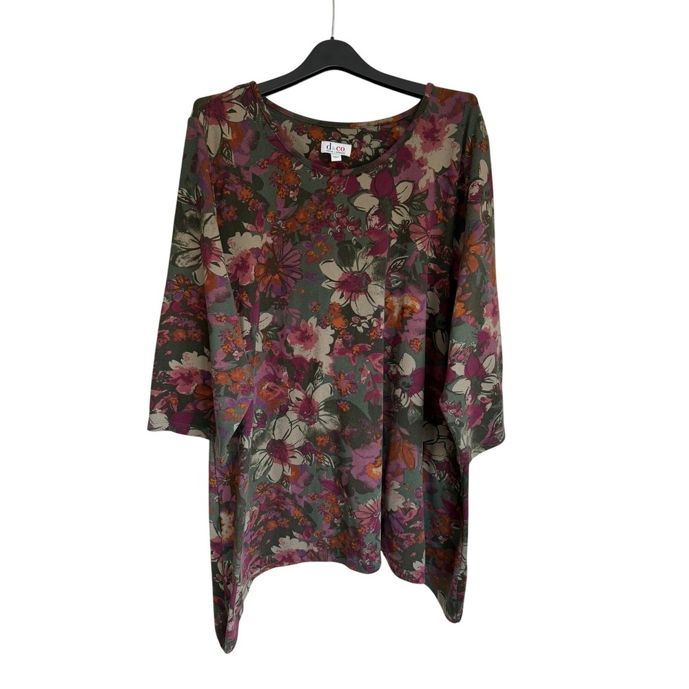 Denim & Co Floral Sharkbite Hem Tunic Top Olive Green Burgundy 3X 3/4 Sleeve